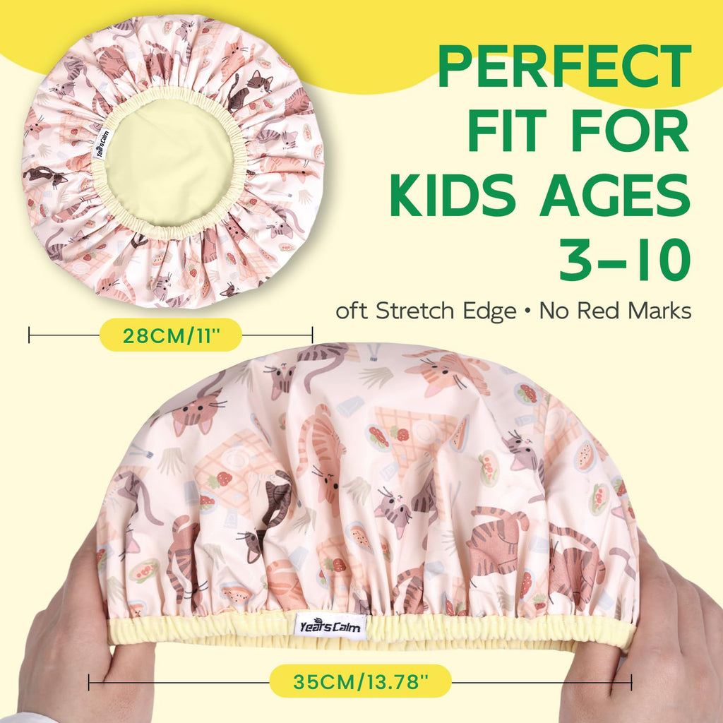 Years calm Kids Shower Cap, Waterproof Reusable Cartoon Bath Cap with Double Layers & Soft Elastic Band, Washable shower cap for kids, Great for Daily Bath