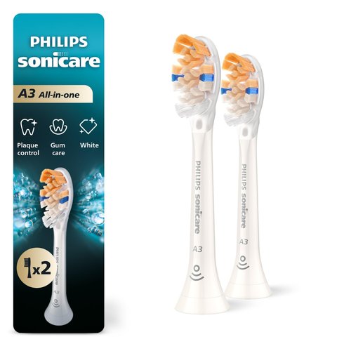 Philips Sonicare A3 All-in-One - Genuine Replacement Electric Toothbrush Heads, White, 2 Pack, HX9092/77