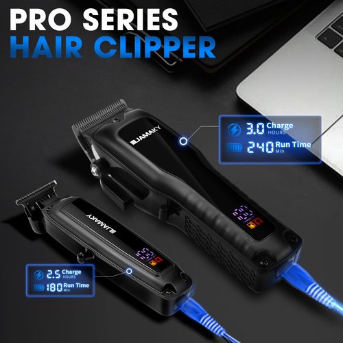 JAMAKY Black Hair Clipper and Trimmer Set, Rechargeable Barber Clipper & Trimmer for Home Use, Ceramic & Carbon Steel Blades