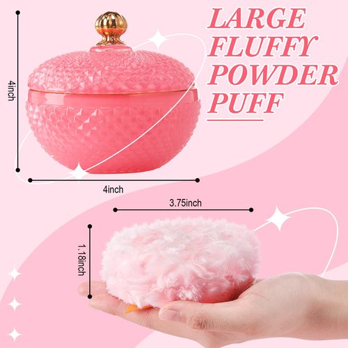 Teenyyou 4 Pcs Pink Large Body Powder Puff and Container for Body with Crystal Container Fluffy Soft Washable Face Glitter Powder Puff Puffs for Wet Dry