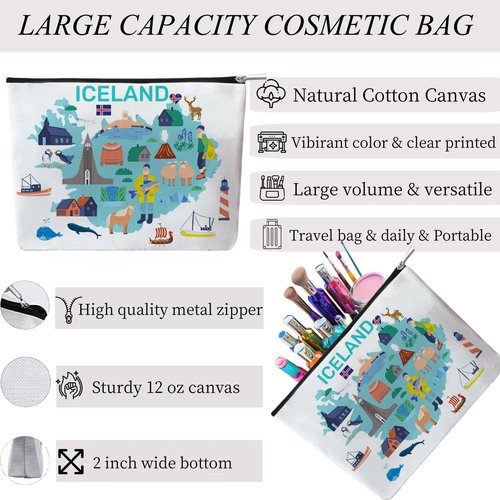 Odebyata Iceland Travel Souvenir Makeup Bag, Iceland Themed Lovers Cosmetic Bag for Besties Girls Friends Travel Lovers,Toiletry Organizer Zipper Bags for Icelands Traveler