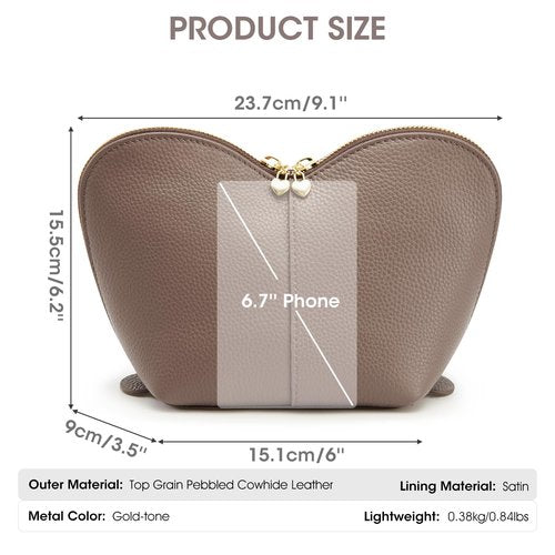 Kattee Leather Makeup Bag, Travel Large capacity Comestic Bag for Women, Heart Shaped Portable Organizer Toiletry Bag for Working,Khaki
