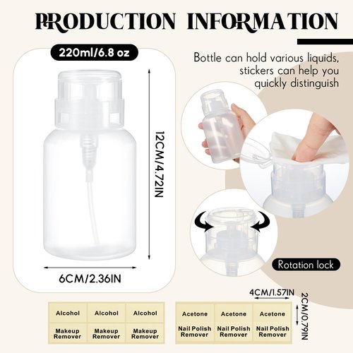 Layhit 3 Pack 6.8 oz (200ml) Push Down Lockable Pump Dispenser Bottle with Stickers, Alcohol Push Down Empty Refillable Container for Nail Polish Remover, Alcohol & Makeup Remover (Clear Top Cap)