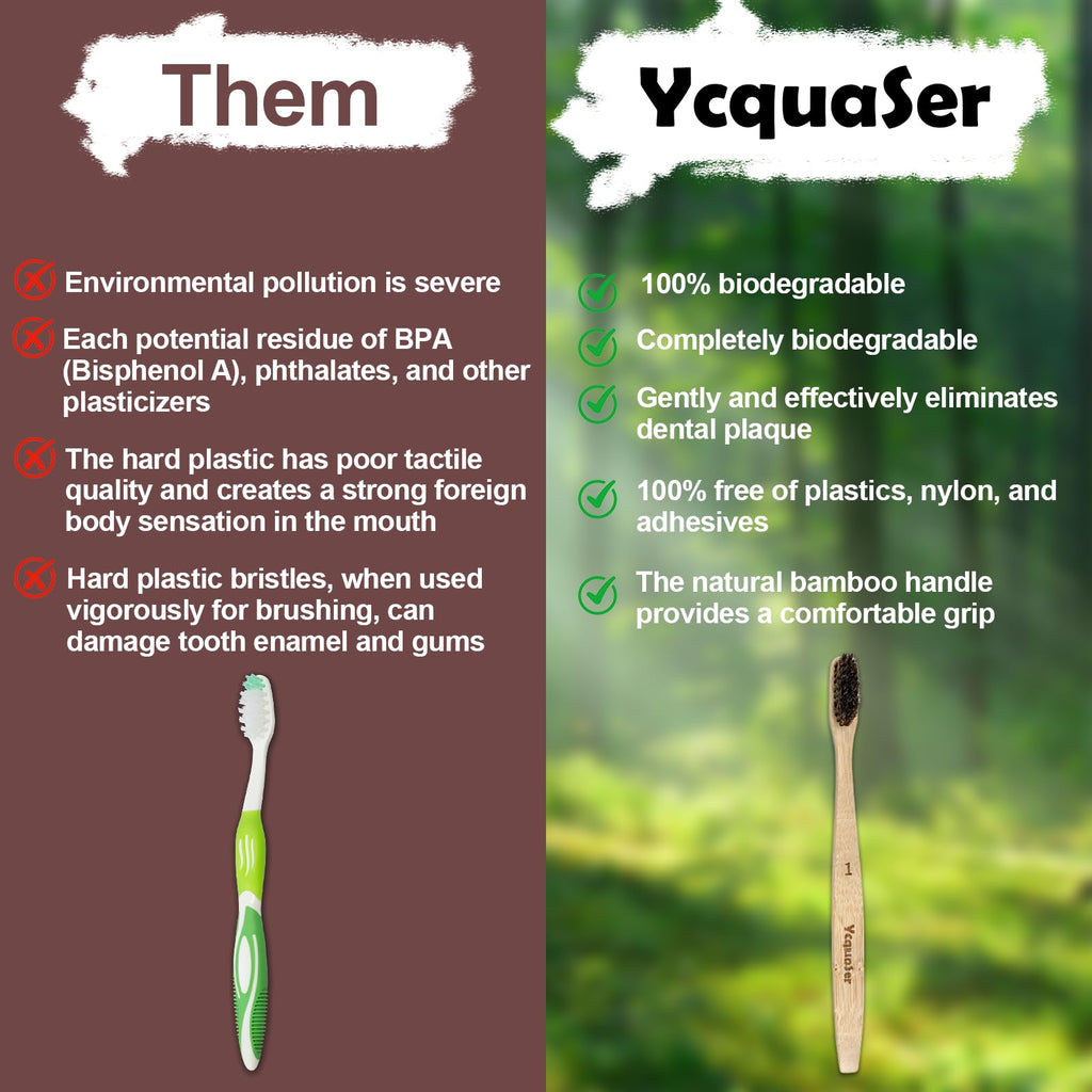 Ycquaser Bamboo Toothbrushes,Travel Toothbrush&Horse Bristle(4-Pack),Natural Soft Bristles for Adults,100% Biodegradable,Plastic & Nylon Free