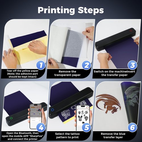 Tattoo Stencil Printer Machine Bluetooth, Portable Thermal Temporary Tattoo Printer with 15pcs Transfer Paper, Compatible with Phone/Tablet/PC, Tattoo Supplies Assist Kit for Beginners (Black)