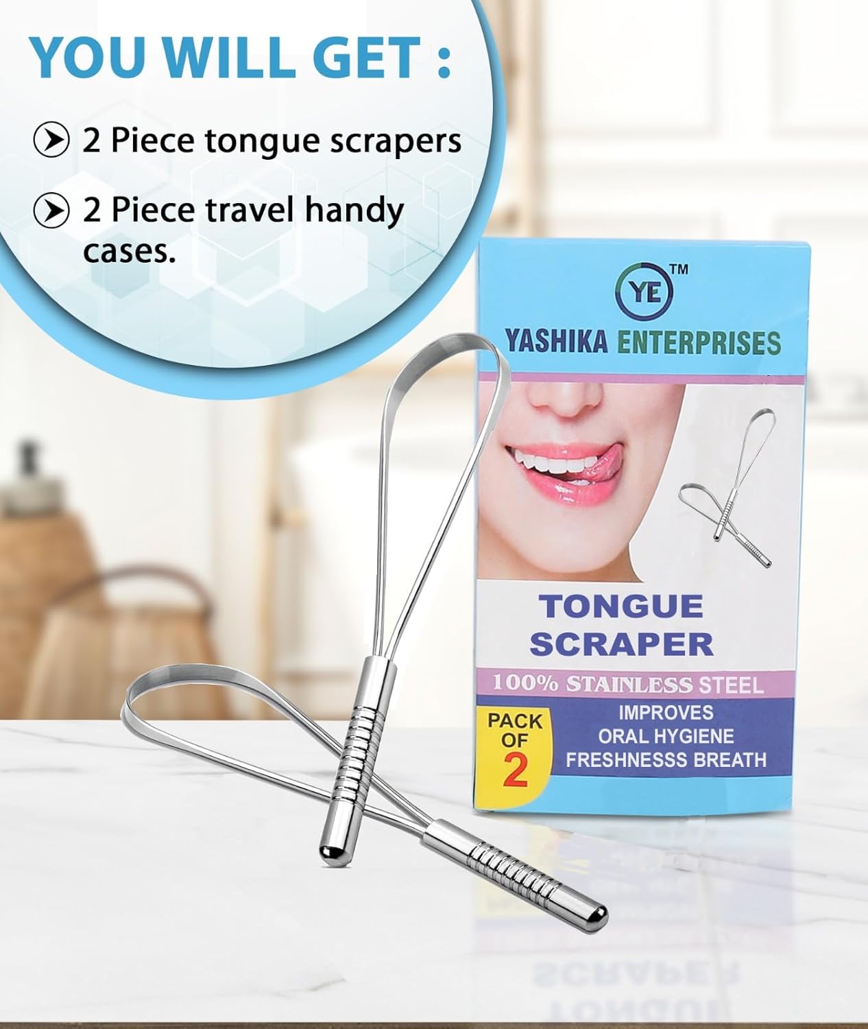 YASHIKA ENT Stainless Steel Tongue Scraper - 2 Pack with Multicolor Travel Cases | Easy Oral Care Solution