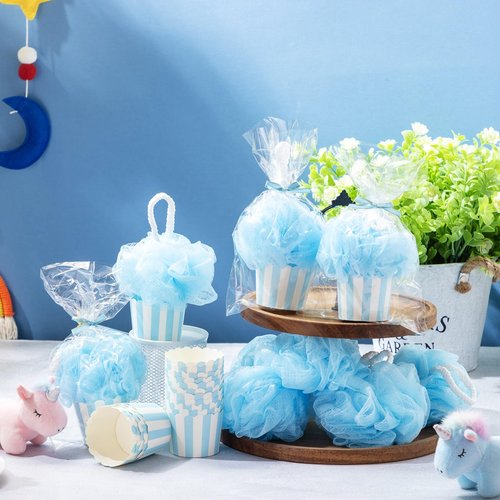 Afarnook 50 Set 50 Set Shower Loofahs for Guests Include Bath Sponge Loofahs with Cupcake Gift Packaging Bow and Clear Plastic Bags for Baptism Gender Reveal Birthday Wedding Stuffer (Blue)