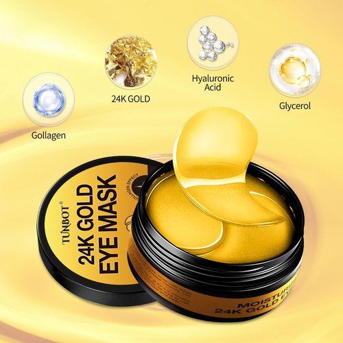 Tunbot Eye Mask - 60 Pieces - 24k Gold Eye Mask - Anti-Aging - Contains Collagen & Hyaluronic Acid - Removes Dark Circles, Puffiness & Wrinkles, Moisturizes - Home Skin Care