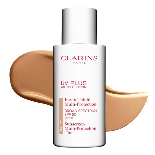 Clarins UV Plus Anti-Pollution, Broad Spectrum SPF 50 Tinted Face Sunscreen | Sheer Finish | Lightweight and Oil-Free | Triple Protection From UVA/UVB Rays, Free Radicals and Pollutants | Shade Medium