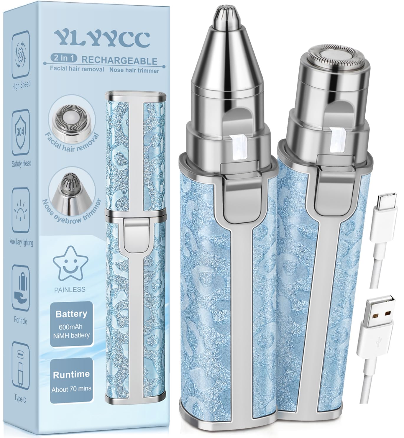 YLYYCC Facial Hair Removal for Women: 2-in-1 Rechargeable Nose Hair & Eyebrow Trimmer, Face Shaver with Built-in LED Light for Removing Chin, Upper and Lower Lip Area Peach Fuzz
