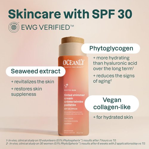 ATTITUDE Oceanly Tinted Shimmer Face Cream Stick - SPF 30, EWG Verified, Plastic-Free, Universal Tint, 0.3 Ounce