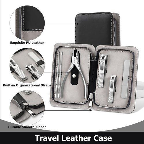 IBUNEERLY Manicure Set, Nail Cutters Set with Travel Leather Case, Professional Manicure Tools for Thick Nail & Ingrown Nail, Nail Cutters for Men and Women, Silver