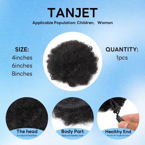 TANJET 8in Natural Black Voluminous Afro Puff - 100% Human Hair Drawstring Ponytail with 3 Non-Slip Combs | Heat-Resistant Kinky Curly Extension (8in, Natural Black 1B#)