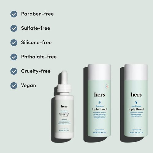 Hers Triple Threat Shampoo & Conditioner Set | 2% Minoxidil with Biotin & Saw Palmetto - Color-Safe & Paraben-Free - Napa Rose Scent - 3 Count