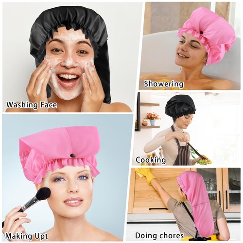 2 Pcs Large Shower Cap for Braids, Extra Long Shower Cap for Women Long Hair & Locs, Waterproof Hair Bonnets for Dreadlocks Drawstring Bath Caps for Women & Men (Black, Pink)