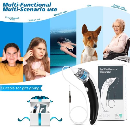 Ear Vacuum Ear Wax Removal Kit with 5 Levels Strong Suction, USB Rechargeable Reusable Electric Ear Suction Vacuum Tool for Adults and Kids (Black)