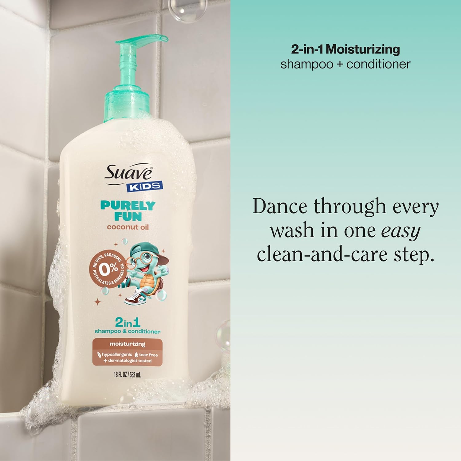 Suave Kids 2-in-1 Shampoo & Conditioner - Tear-Free, Hypoallergenic Coconut Oil Formula | 18 FL OZ, 6 Count