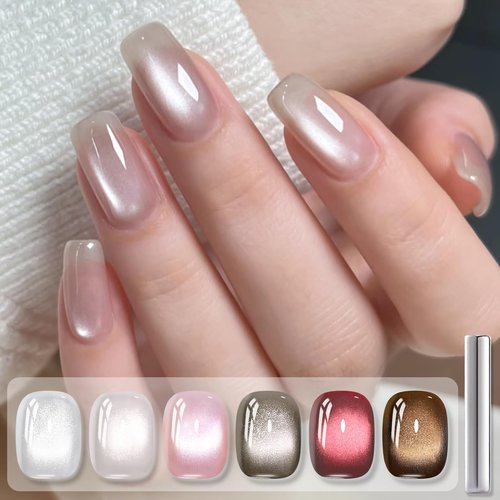 Born Pretty Cat Magnetic Eye Gel Nail Polish, 6 Colors Retro Magnetic Glitter Gel Polish Set Silver Pink Red Nail Polish Kit Soak Off LED Nail Art DIY Salon Gift