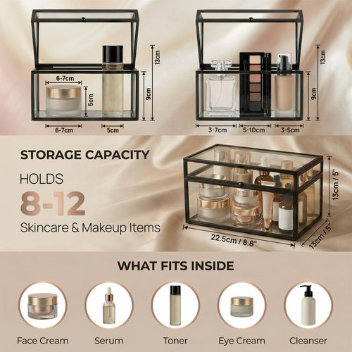 Krdrgey 40 Lipsticks Organizer with Lid, Glass Display Box Fits Large Perfume & Skincare, Easy-Access Organiser for Vanity Countertop, Multifunctional Display Box in Any Rooms (black, 40 slot)