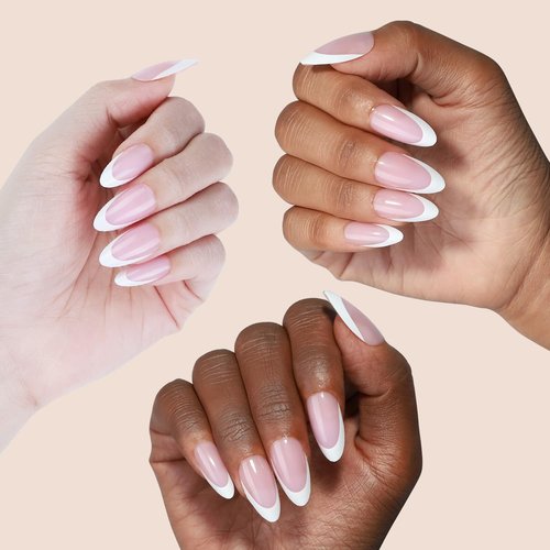 LY LANYOS Press On Nails Almond, Glossy Fake Nails, Supremely Fit Glue on Nails, Reusable Stick on nails with Nail Glue in 16 Sizes, 32 Pcs, a-Pink French