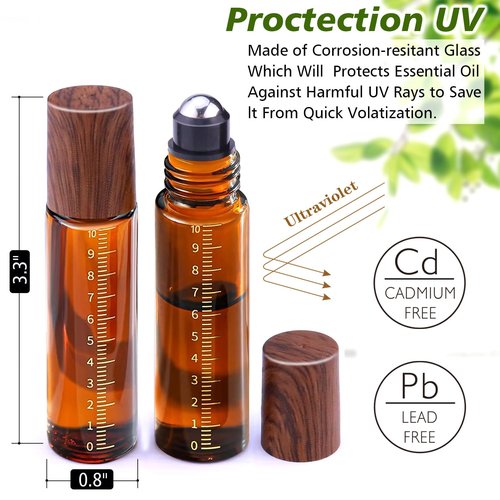 Matifaner 8 Pack Essential Oil Roller Bottles with Scale, 1/3 oz Amber Glass Roller Balls for Essential Oils, 10ml Empty Rollerball Bottles for Travel Refillable Roll on Perfume (Amber)