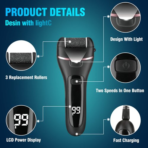 Electric Foot File, Wetisedg® Rechargeable Callus Remover for Feet, Hard Skin Remover, Pedicure kit with 3 Rollers LED Light, Foot Care Kit (Black)