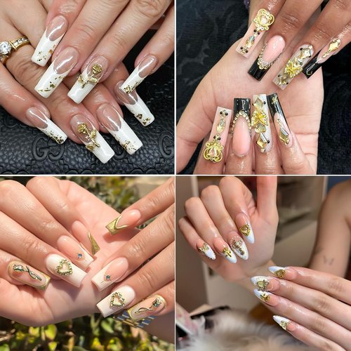 128PCS Gold Nail Charms Set with Rhinestones and Gems, Rose, Hearts, Cross and Virgin Mary - Y2K 3D Shiny Jewelry Nail Accessories Supplies