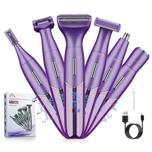 Electric Razor for Women,6 in 1 Women's Bikini Trimmer Shaver for Women & Men Pubic Hair, Private Area, Legs, Eyebrow,Face, Nose, Eyebrow, Body Hair Removal IPX5 Waterproof Wet & Dry