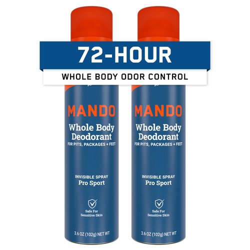 Mando Whole Body Deodorant For Men - Invisible Spray Deodorant - 72 Hour Odor Control - Low Irritation Formula - Aluminum Free, Benzene Free - 3.6 ounce Can - Pro Sport