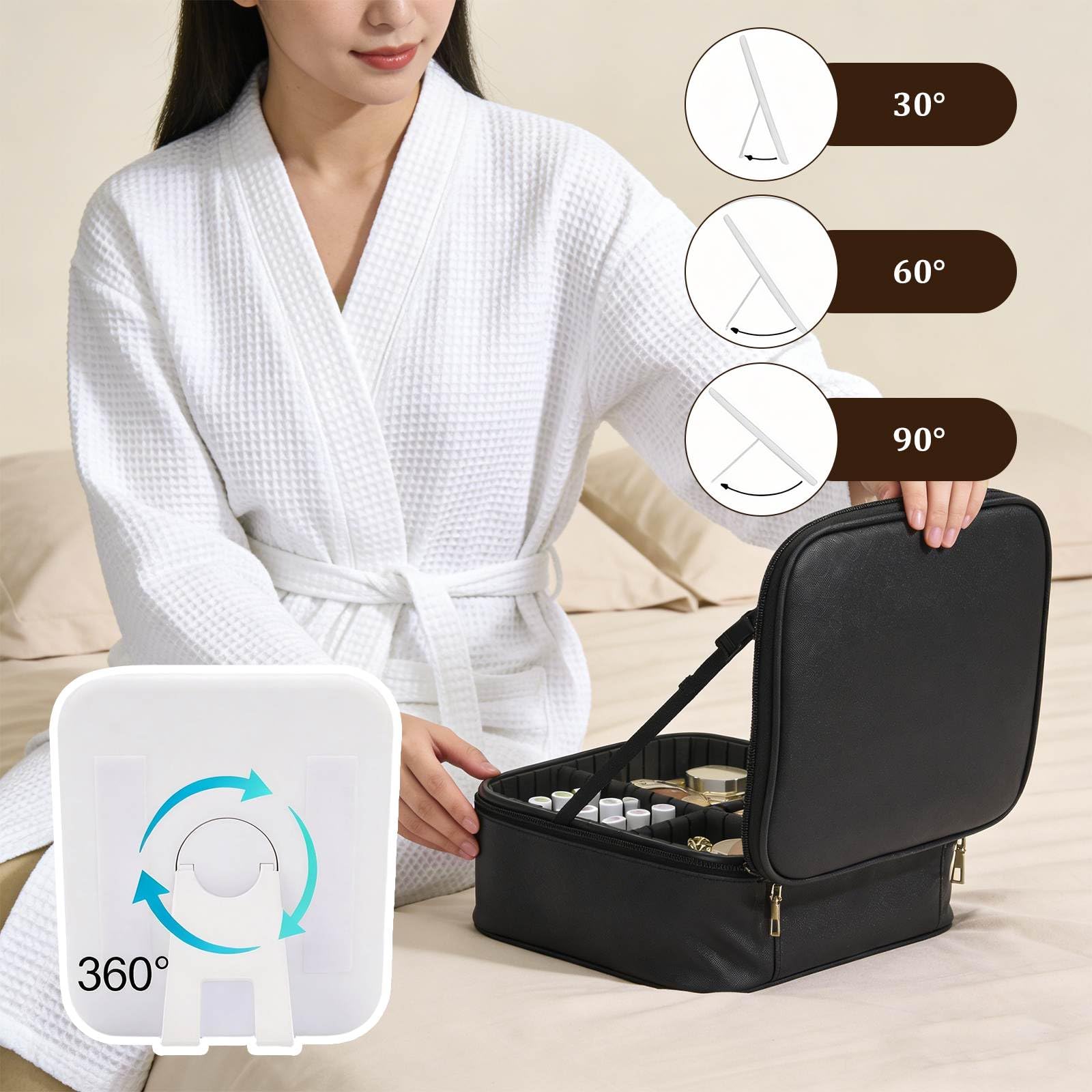 Yaliang Travel Makeup Bag, Portable Makeup Case with LED Mirror, Removable Mirror with 3 Color Modes, 8 Adjustable EVA Dividers for Brushes Toiletry Jewelry Digital Accessories, Solid Black