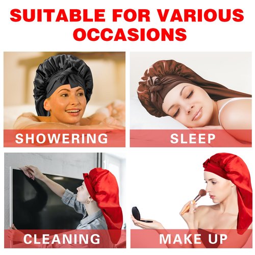 3Pcs Bonnets for Black Women Braid Bonnet, Large Long Satin Bonnet for Braids Sleeping, Black Women Satin Silk Bonnet (3Pcs-Black & Brown & Red)