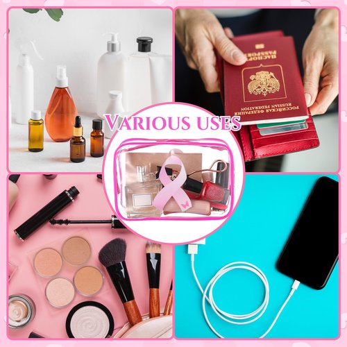 Reginary 20 Pcs Breast Cancer Awareness Clear Makeup Bag Favor, Transparent PVC Waterproof Travel Toiletry Bags with Pink Ribbon Design for Women and Girls, Cancer Survivor and Charity Event Gifts