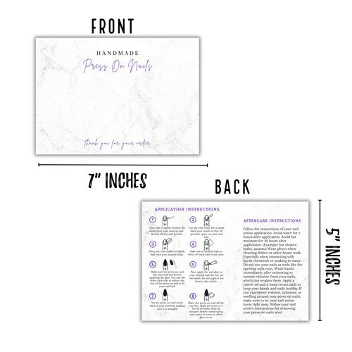 Handmade Acrylic Press On Nails Display Card | 5x7” 30 pk | w/Application Aftercare Instructions Inserts Marble for Packaging in Your 6 * 9 Holographic Bags Use With Double Sided Tape