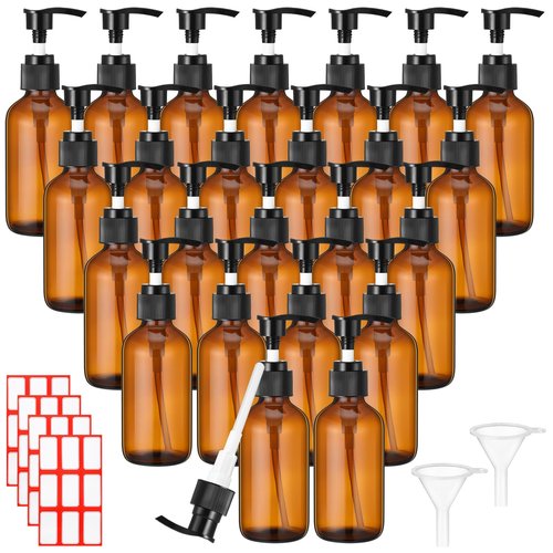 Tanlade 24 Pcs Glass Pump Bottle Dispenser 4 oz Travel Bottles with Pump Refillable Glass Containers for Toiletries Lotion Liquid Soap Shampoo Essential Oils Cosmetic Travel Accessories (Amber)