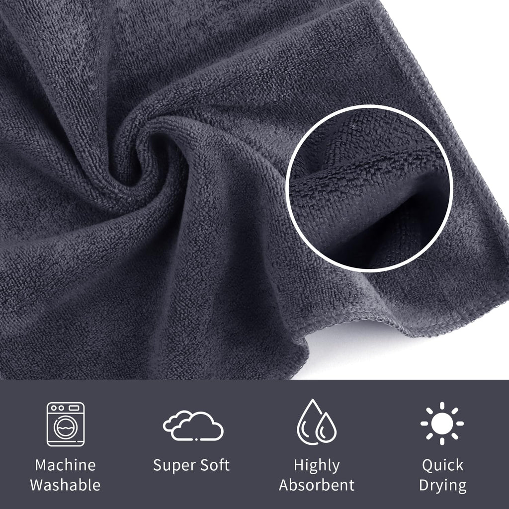 ZHAYAO 6 Pack Microfiber Wash Cloth, 12x12 Inch Highly Absorbent and Soft Feel Fingertip Towels, Machine Washable Washcloths for Bathroom, Gym, Hotel, Spa and Kitchen, Convenient Hook, Grey