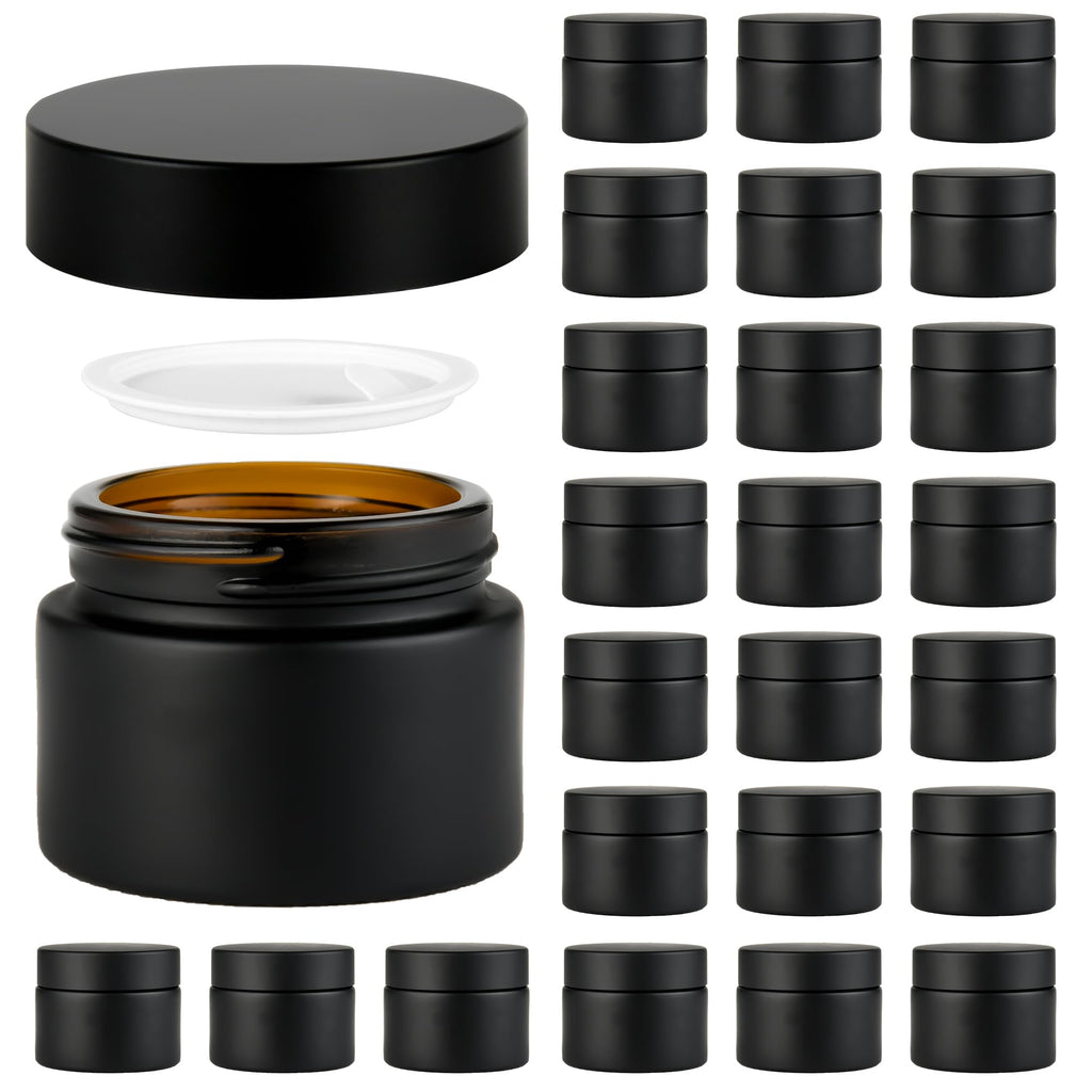 YONKAN 2 oz Reusable Black Glass Container Jars 24 Pack with Wide-mouth Leak Proof Cap and Inner Pull-On Lid for Travel Storage Makeup, Face Creams, Body Lotions, DIY Crafts or Others