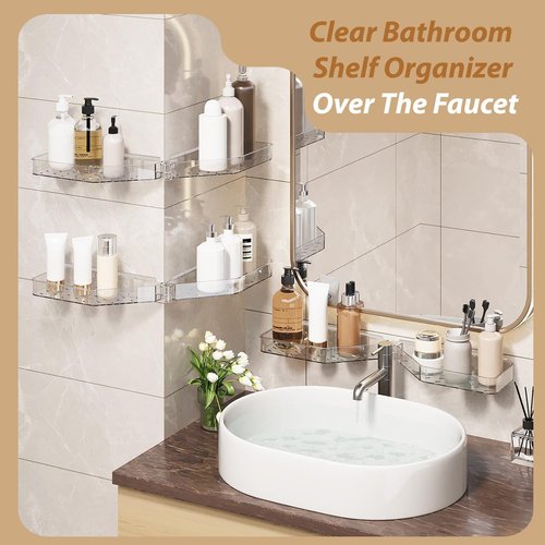 Skiennix Corner Shower Caddy - Wall Mounted Acrylic Shelf with Adhesive Tapes & Drainage Holes | No Drilling, Adjustable Angles