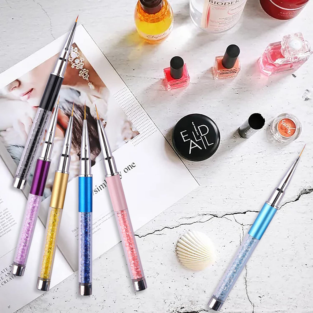 WOKOTO 6pcs Thin Nail Art Liner Brush For Nails Professional Nail Art Brushes Set Rhinestone Handle Nail Detail Brush Nail Gel Polish Painting Pens Nail Art Design Brushes Pen Set For Acrylic Nails