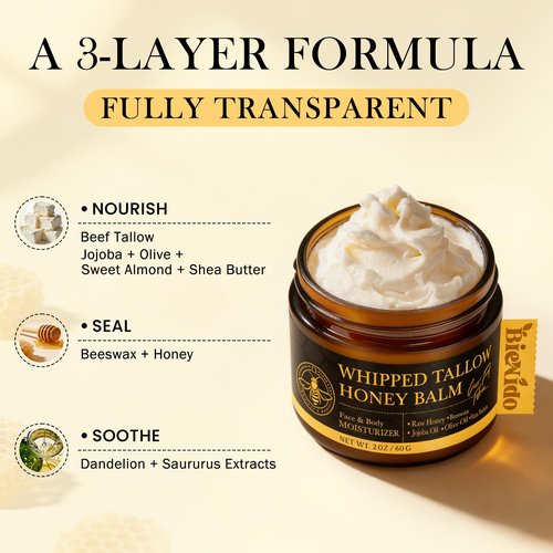 BieNido Tallow and Honey Balm for Face: Grass Fed Beef Tallow for Skin with Jojoba Oil for Sensitive and Dry Skin, Natural Formula for Soothing & Deep Hydration