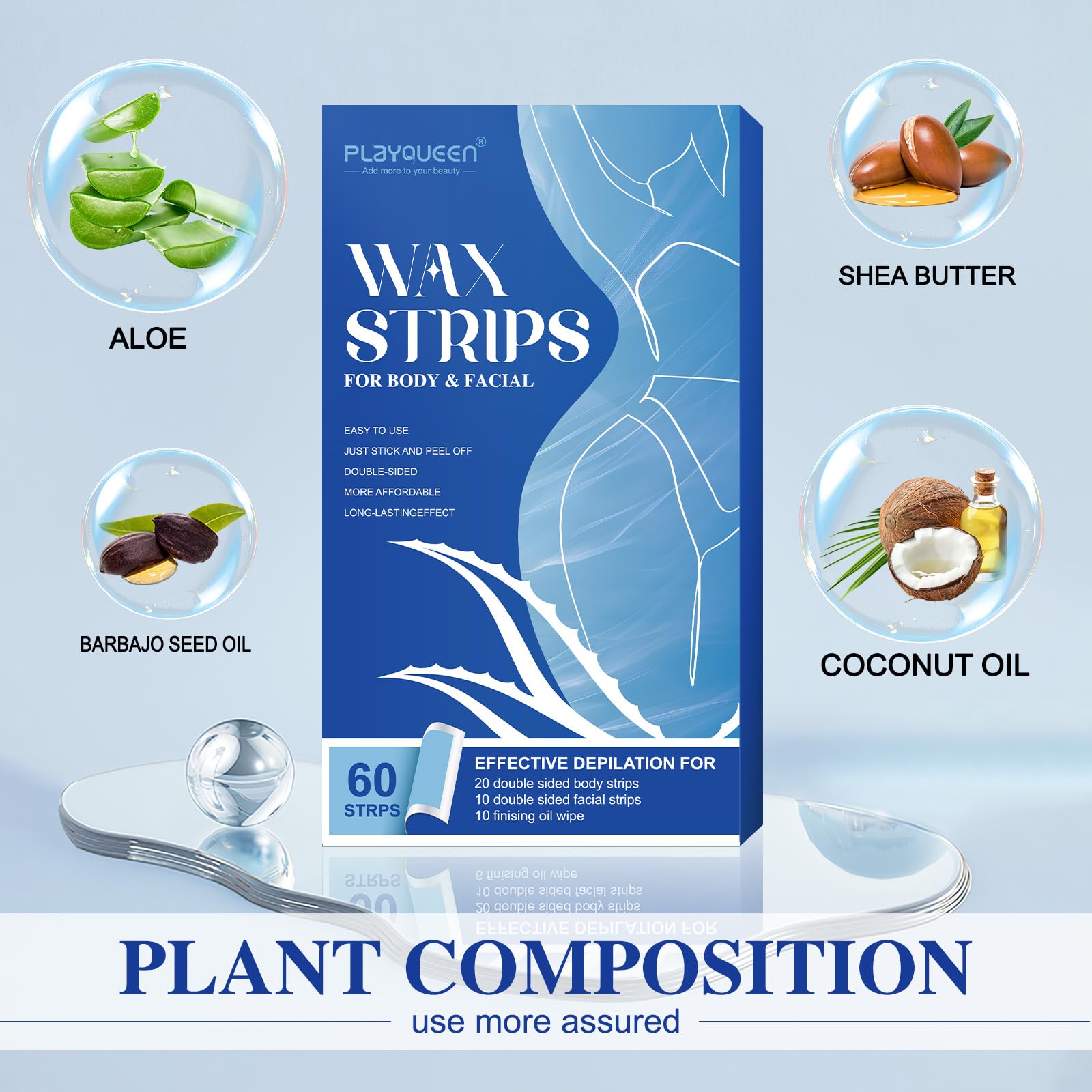 Wax Strips Hair Removal Kit – 60 Wax Strips + 10 Calming Oil Wipes, No Heating Required, Gentle & Effective for Face, Legs, Arms & Underarms, For Sensitive Skin