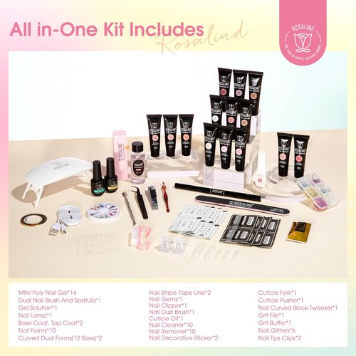 ROSALIND Poly Nail Gel Kit -14 Colors Nail Art Accessories kit Clear Nude Nail Extension Gel Starter with Slip Solution White Nude Pink Nail Extensions Gels Set with Mini UV Lamp