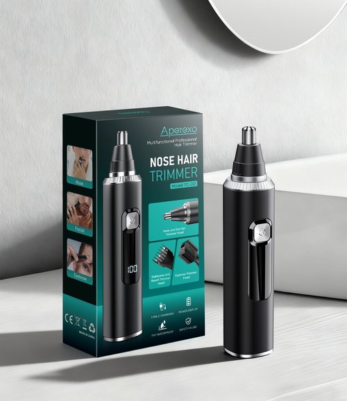 Apetexo Nose Hair Trimmer for Men and Women, Type-C Rechargeable Precision Groomer with Double-Edged Blades, Painless & IPX7 Waterproof Design for Nose, Ears, Eyebrows and Facial Hair