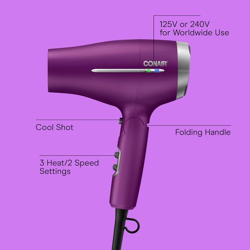 Conair Folding Handle Hair Dryer - 1875W Travel Blow Dryer with Ionic Conditioning & Smart Voltage | Purple