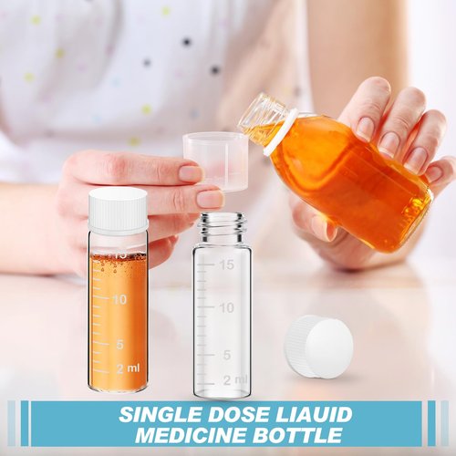 Baderke 4 Pcs Liquid Medicine Travel Container Scale Glass Liquid Containers Small Single Dose Medicine Bottles Dispenser and Leak-proof Plug Travel Essentials Accessories(Clear,15ml)