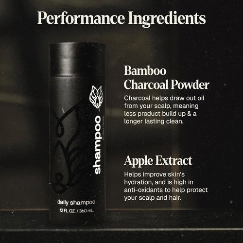 Black Wolf Charcoal-Infused Men's Shampoo | 2-Pack for Oily Hair - 12 Fl Oz Each - Deep Cleansing & Hydrating Formula