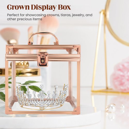 Donghome Crown Box 7.9 x 6.7 x 7.5inch, Clear Makeup Case,Cosmetic Organizer, Large Capacity Transparent Acrylic Artists Display Case for Vanity,Bathroom Counter or Dresser (Rose Gold)