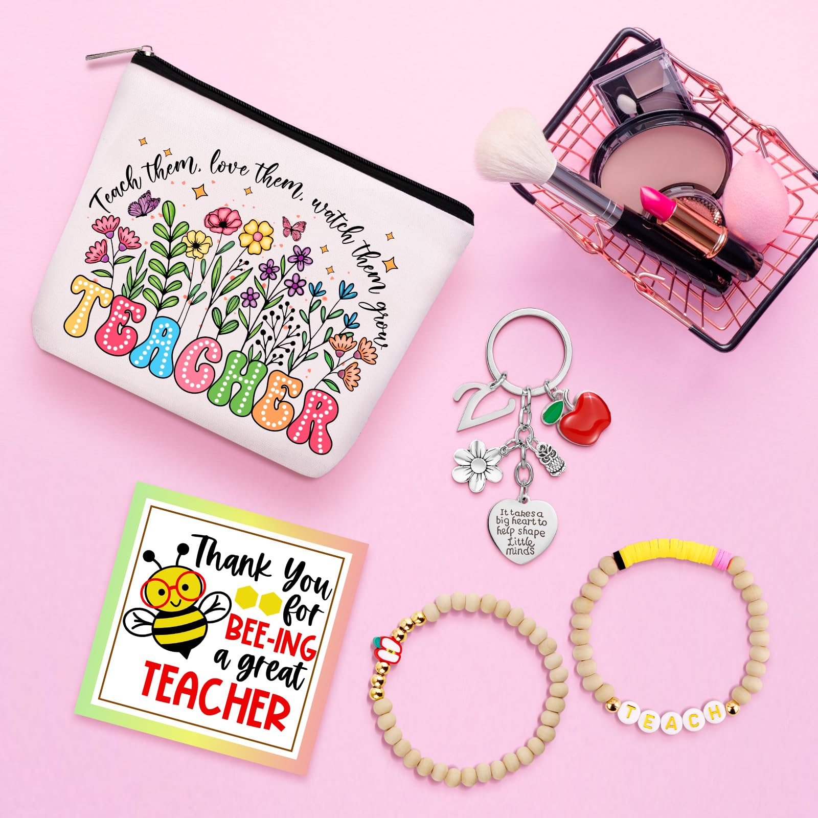 WINOWIMO Personalized Teacher Appreciation Gifts for Women, Thank You Graduation Gifts with Teacher Makeup Bag, Initial Cute Keychain, Teach Bracelets and Thank You Card (S)