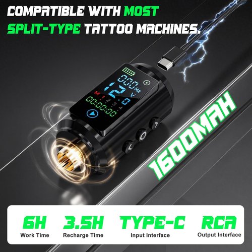 Neebol Wireless Tattoo Battery Pack – Rechargeable Cordless Tattoo Power Supply 1600mAh RCA Lithium Battery with LED Digital Display, 4 Memory Modes, One-Key Start for Tattoo Pen Rotary Machine 67M