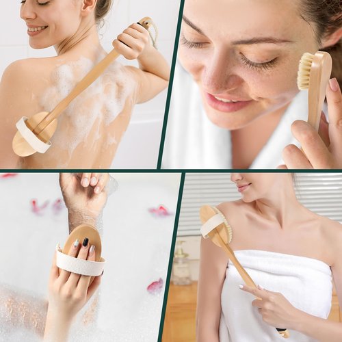 DEBETOOL Dry Brush Set for Body & Face - Dry Brushing Body Brush with Long Handle & 3 Replacement Heads (Soft/Medium/Firm) for Lymphatic Drainage Cellulite