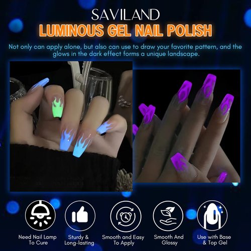 SAVILAND Glows in The Dark Nail Polish Set 24 Holiday Brighrly Colors Luminous Quicking-drying U V Neon Gel Nail Polish Set Reflective Glow Effect Full Coverage Easy to Use Gel Polish Holiday Gifts